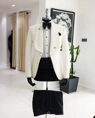 Aidase Men's Suit 2 Pieces White Blazer Black Pants One Button Wide Lapel Business Beads Formal Work Wear Wedding Groom Costume Homme aidase-shop
